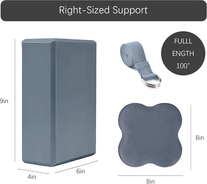 2 Yoga Blocks Supportive Accessories including 2 Knee Pads, 2 With Strap To Put Less Weight On Wrists, 1 Muscle Massage Roller, 2 Pair of Non-Slip Pilates Socks, 1 GYM Bag, Durable Versatile Yoga Brick Exercise Set of 10
