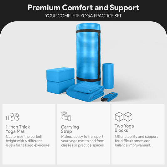 7-Piece Yoga Set with 71x24x1 Inches Extra Thick Mat and Carrying Sling – Includes 2 Blocks, Stretch Strap, 2 Towels, and Knee Pad for Home, Studio, and Gym Workouts