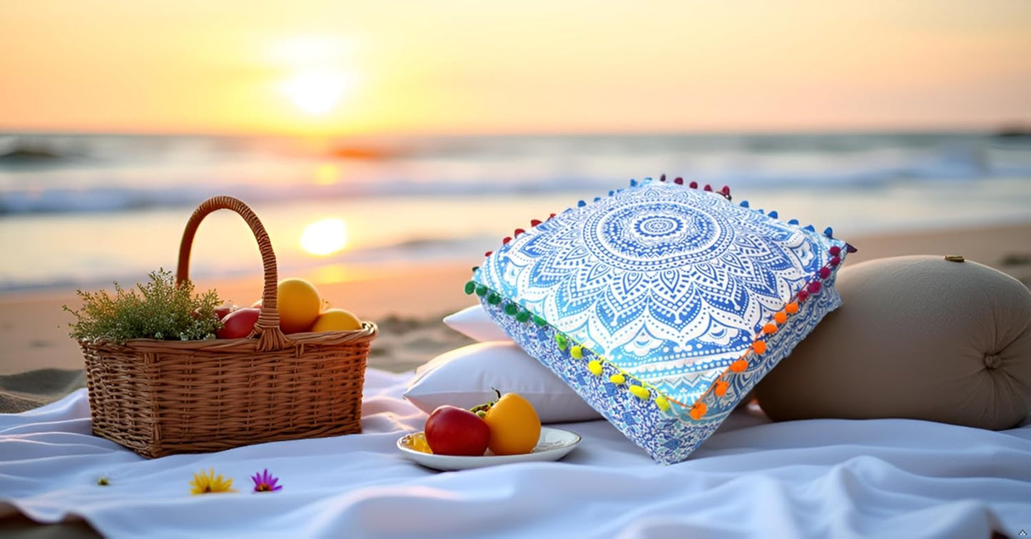 16" Square Large Hippie  Meditation Floor Ottoman Pillow Cushion Pouf Cover Square Poufs  Circle Floor Cushion Case Outdoor Fireplace Yoga Living Room Decor Cover Blue Ombre
