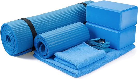 7-Piece Yoga Set with 71x24x0.5 Inches Extra Thick Mat and Carrying Sling – Includes 2 Blocks, Stretch Strap, 2 Towels, and Knee Pad for Home, Studio, and Gym Workouts