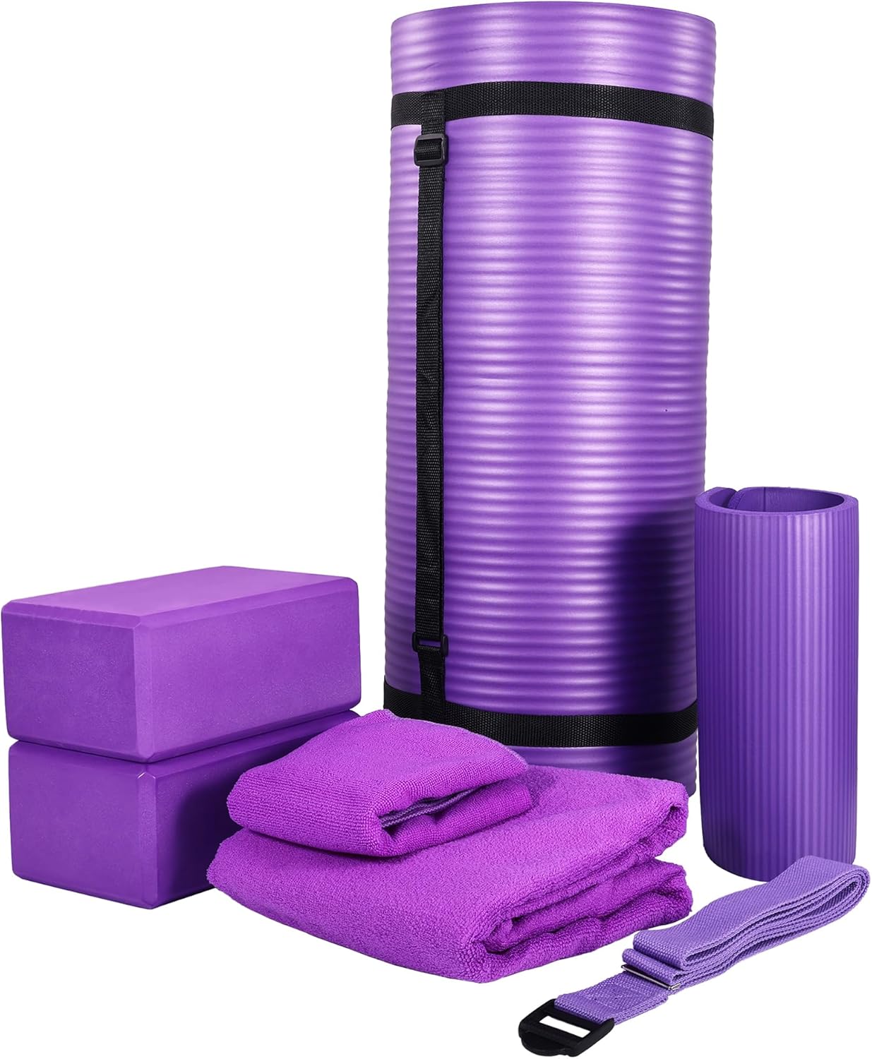 7-Piece Yoga Set with 71x24x1 Inches Extra Thick Mat and Carrying Sling – Includes 2 Blocks, Stretch Strap, 2 Towels, and Knee Pad for Home, Studio, and Gym Workouts