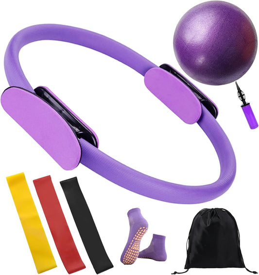 Pilates Ring and Ball Set 12 Inch Magic Circle Pilates Ring with 3 Resistance Bands Home Pilates Kit for Women Workouts Pilates Set for Beginners, Fitness Gift
