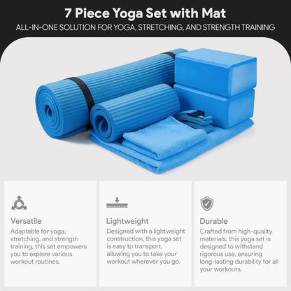 7-Piece Yoga Set with 71x24x0.5 Inches Extra Thick Mat and Carrying Sling – Includes 2 Blocks, Stretch Strap, 2 Towels, and Knee Pad for Home, Studio, and Gym Workouts