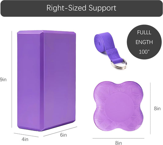 2 Yoga Blocks Supportive Accessories including 2 Knee Pads, 2 With Strap To Put Less Weight On Wrists, 1 Muscle Massage Roller, 2 Pair of Non-Slip Pilates Socks, 1 GYM Bag, Durable Versatile Yoga Brick Exercise Set of 10