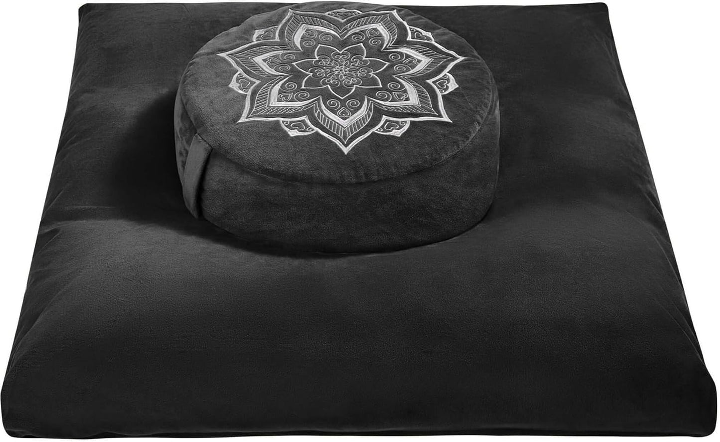 Meditation Zafu Cushion Set with Buckwheat Hulls & Memory Foam - Ergonomic Support for Yoga & Sitting - Removable Machine-Washable Luxury Velvet Cover - for Adults and Kids (Black)