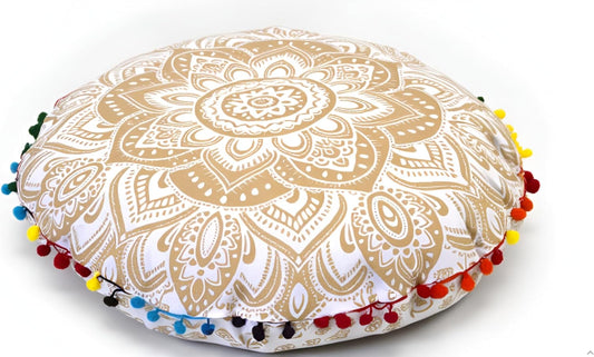 22" Floor Pillows Cover for Sitting, Large Meditation Cushions Cover for Adults, Round Pouf Seating Ottoman Cover for Outdoor Yoga and Living Room (White Gold Flower)