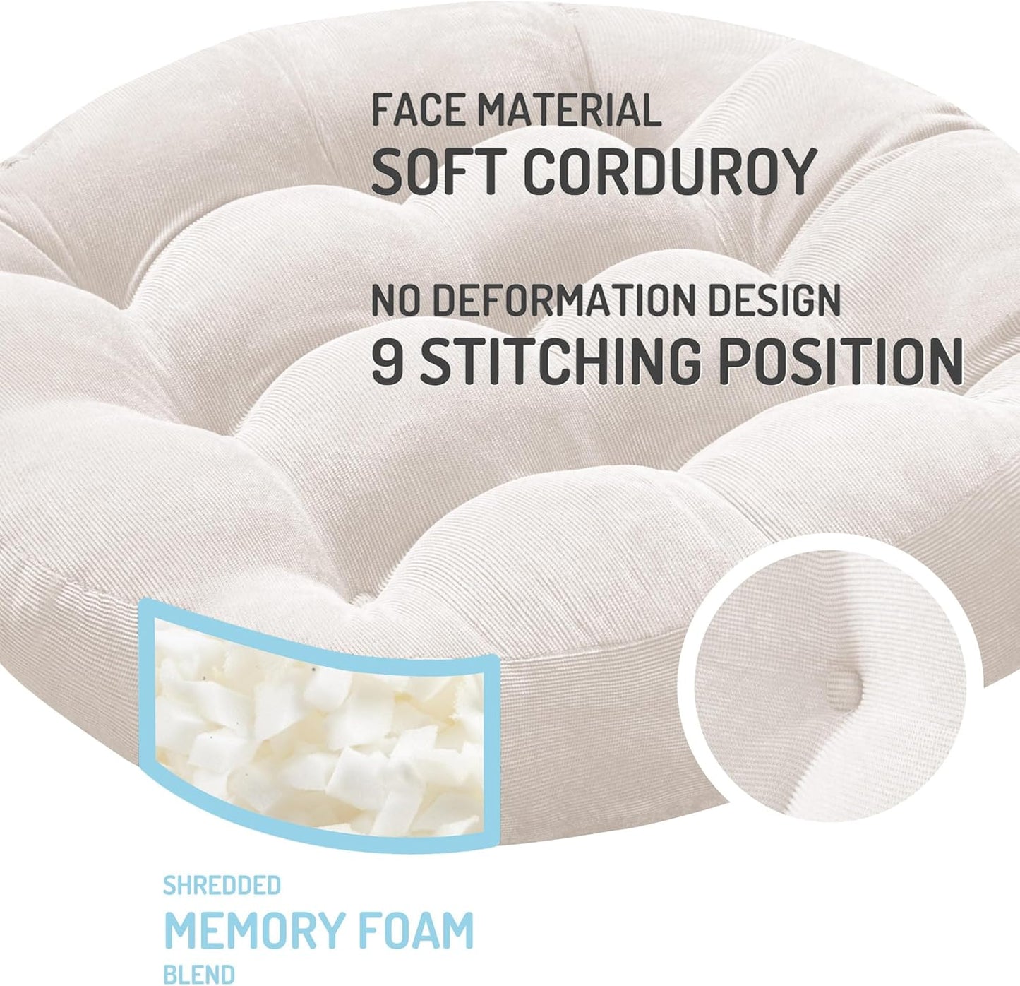 Meditation Floor Pillow, Round Large Pillows Seating for Adults, Tufted Corduroy Cushion for Living Room Tatami, Beige 22 Inch