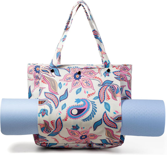 Yoga Bag, Canvas Tote with Blue and Pink Design, Spacious Carrier for Yoga Mat and Accessories (White)