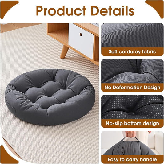 Floor Pillows for Adults, Meditation Cushions, Large Round Sitting Cushion Living Room Memory Foam Pillow for Sitting (1, Grey, 22x22x4 Inch)