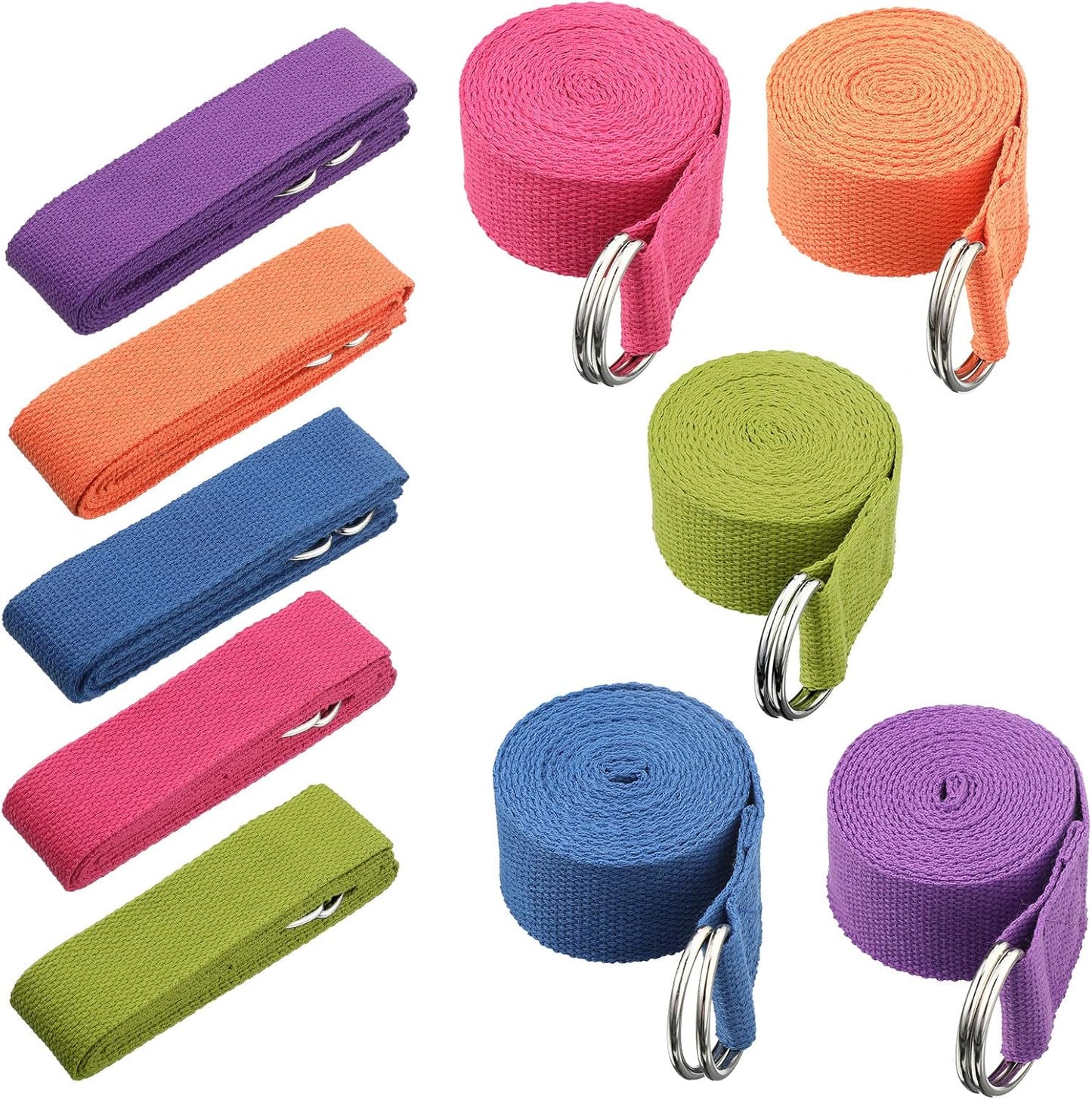10 Pcs Yoga Strap 8ft Yoga Stretching Exercise Band Stretching Belt with Adjustable Metal D Ring Buckle Loop for Pilates, Dance, Physical Therapy, Gym Workout