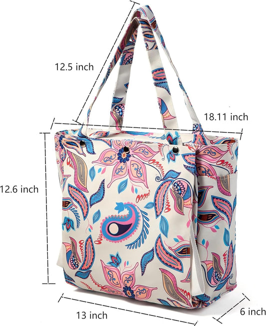 Yoga Bag, Canvas Tote with Blue and Pink Design, Spacious Carrier for Yoga Mat and Accessories (White)
