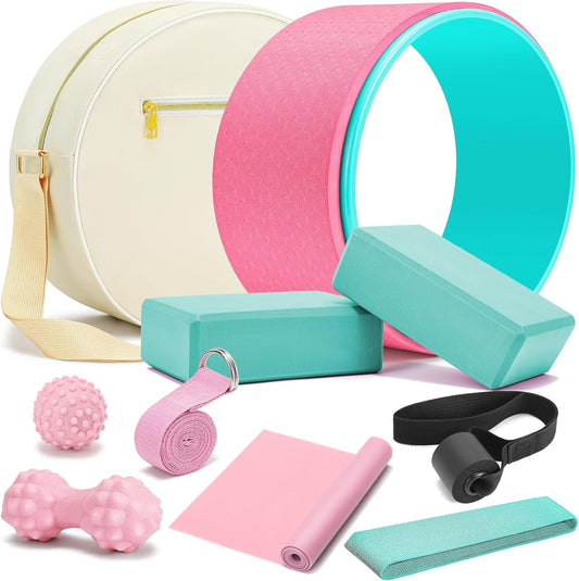 All in One Yoga Wheel Set, Soft Foam Roller Wheel for Back Pain & Stretching, Yoga Blocks 2 Pack with Strap, Trigger Point Therapy Massage Ball for Deep Tissue, Yoga Starter Kit for Beginner