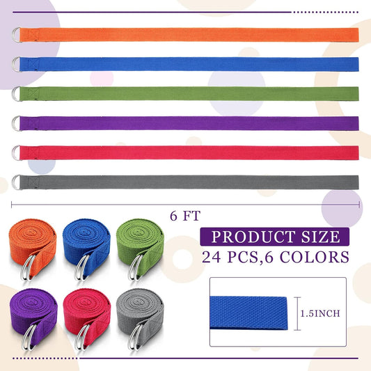 24 Pieces Yoga Strap Stretching Pilates Exercise Adjustable Straps 6 ft Non Elastic Yoga Belt with Adjustable D Ring Buckle for Pilates Gym Workouts Fitness