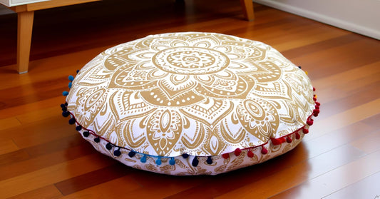22" Floor Pillows Cover for Sitting, Large Meditation Cushions Cover for Adults, Round Pouf Seating Ottoman Cover for Outdoor Yoga and Living Room (White Gold Flower)